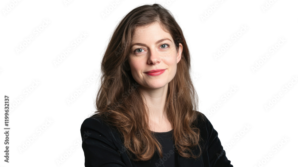 Portrait of a confident woman with long hair, wearing a black jacket, posing against a white background, embodying professionalism and approachability. Portrait of a confident woman with long hair, wearing a black jacket, posing against a white background, embodying professionalism and approachability.