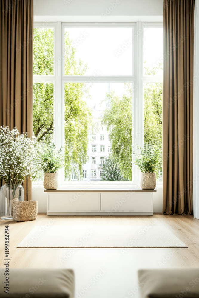 Fototapeta premium Bright and airy living space featuring large windows and natural decor