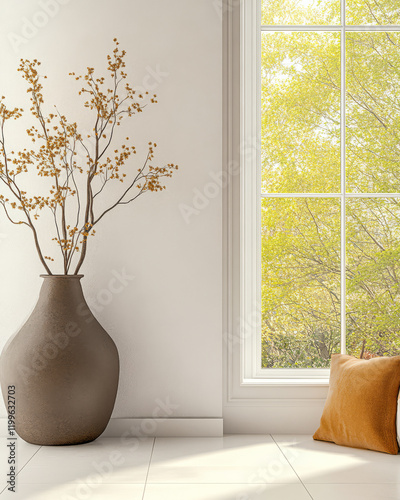 Interior design featuring a vase with branches beside a sunny window in a modern space