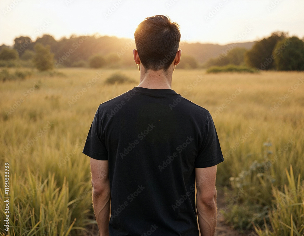 Man Golden Field Sunset Back View Simple Black TShirt Man Golden Field Sunset Back View Simple Black TShirt