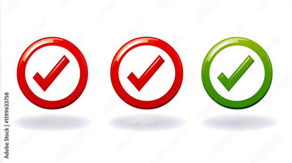 Three checkmark icons in red and green, vector icon set on a white background. Three checkmark icons in red and green, vector icon set on a white background.