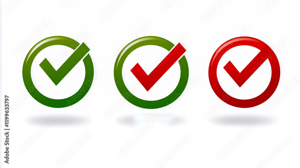 Three checkmark icons in red and green, vector icon set on a white background. Three checkmark icons in red and green, vector icon set on a white background.