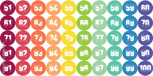 Number Chart 61-100 squares, kids full color circles, gray, icons, logos, premium,
