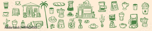 Hand Drawn Coffee Cup, Coffee Shop Clip Art Doodle Line Drawing Latte, Americano, Cappuccino, Street Coffee, Coffee Machine, Caffeine, Coffee Icons, Brunch Food Vector 
