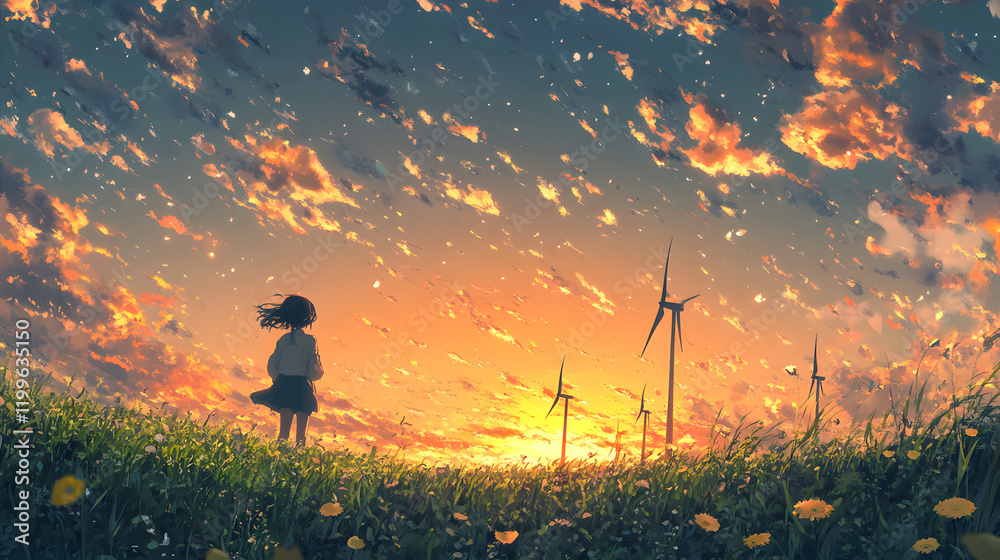 Fototapeta premium girl stands in green field with wind turbines, gazing at vibrant sunset sky filled with dramatic clouds. scene evokes sense of wonder and tranquility, blending nature and technology harmoniously