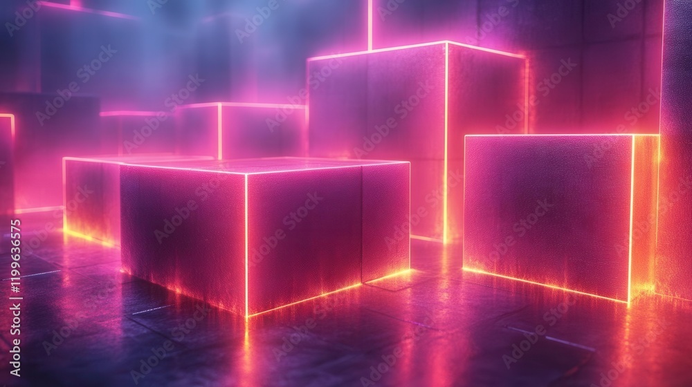 A vibrant, futuristic scene featuring glowing neon blocks in shades of pink, set against a misty background that enhances the modern aesthetic. A vibrant, futuristic scene featuring glowing neon blocks in shades of pink, set against a misty background that enhances the modern aesthetic.