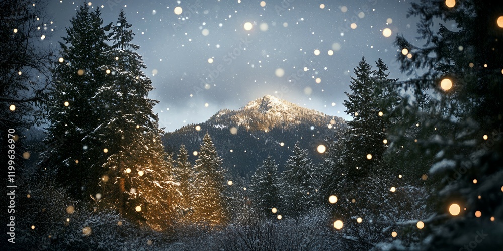 Fototapeta premium Magical Winter Wonderland Snowfall over Snowy Mountain and Evergreen Trees