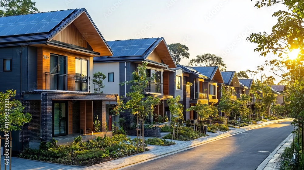 Modern Homes with Solar Panels in Neighborhood Setting Modern Homes with Solar Panels in Neighborhood Setting