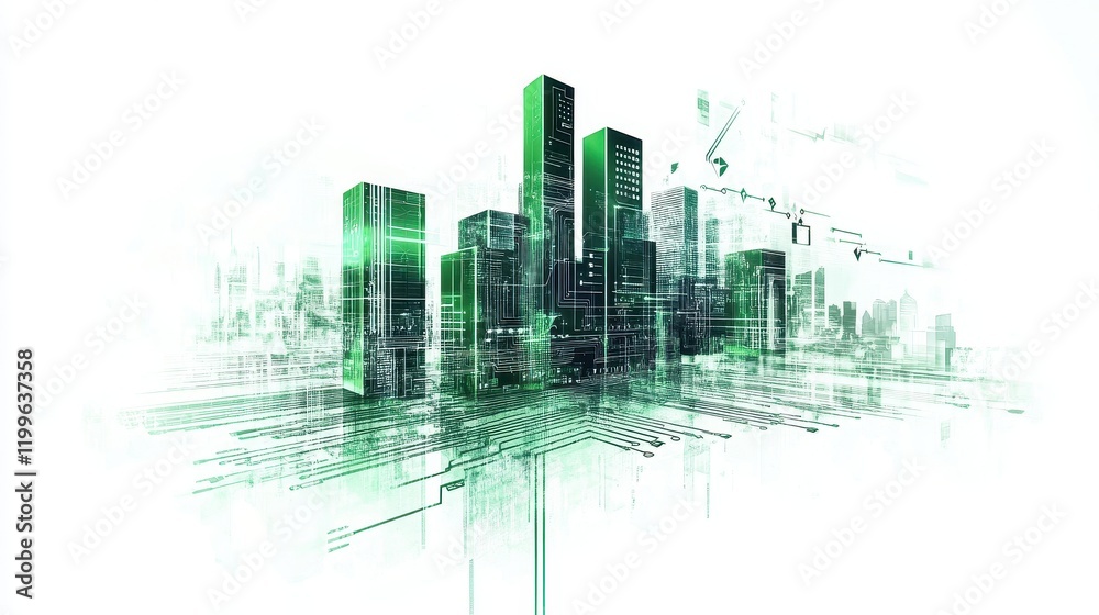 Obraz premium A futuristic bar chart, AI business analytics, circuit design overlay, metallic and green hues, isolated on white background