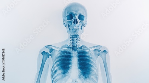 Blue X-ray image showing the human skeleton of the chest and abdomen. 