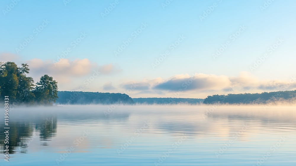Fototapeta premium Serene lake morning mist shrouds tranquil trees