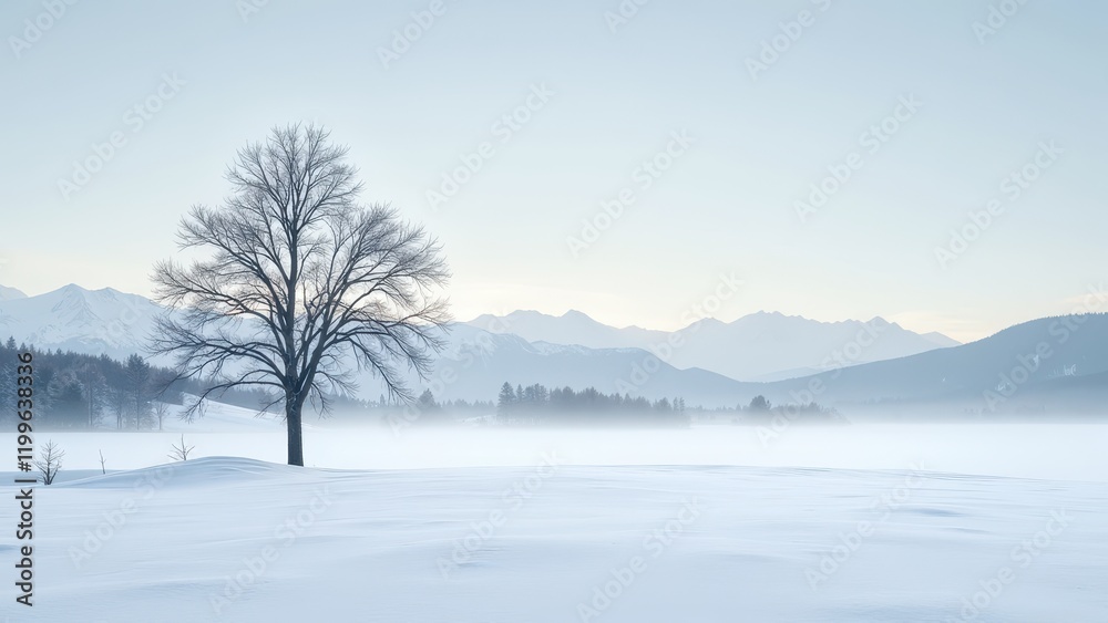 A serene, snow-covered field cradles a solitary leafless tree at its heart under a vast sky. Its bare branches reach upwards against the crisp backdrop. Snow blankets the earth around it, evoking a se A serene, snow-covered field cradles a solitary leafless tree at its heart under a vast sky. Its bare branches reach upwards against the crisp backdrop. Snow blankets the earth around it, evoking a se