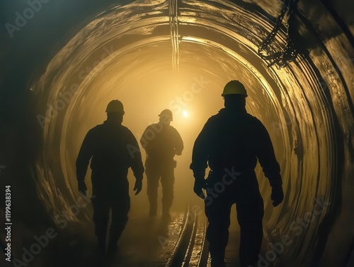 dramatic silhouette of miners entering dark tunnel, atmospheric fog, warm spotlights creating depth photo