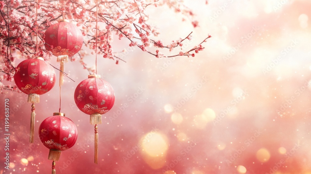 Chinese New Years, A red and gold background with four red lanterns hanging from a tree