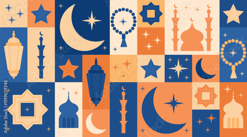 Modular Ramadan banner with crescents, mosques, lanterns, stars, and prayer beads in orange, blue, and beige tones with a festive Islamic theme. Vector geometry abstract banner