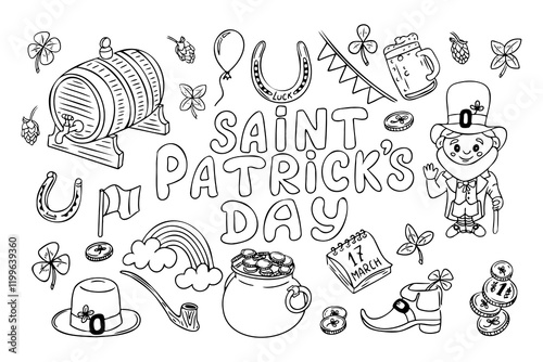 Saint Patricks Day coloring page with outline doodles including leprechaun, shamrocks, beer mug, rainbow, gold coins, horseshoe, and related symbols in a playful hand drawn style. Vector illustration