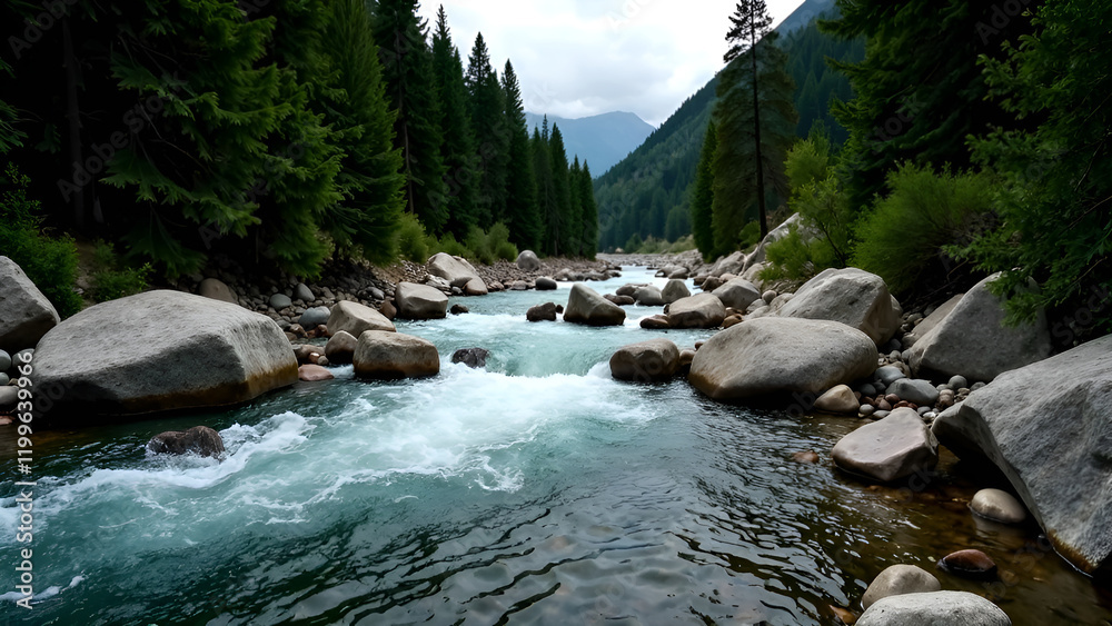 A beautiful river, gracefully flowing through a lush forest with majestic mountains visible in the background, captures the essence of natures splendor