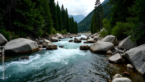 Obraz na płótnie A beautiful river, gracefully flowing through a lush forest with majestic mountains visible in the background, captures the essence of natures splendor w salonie