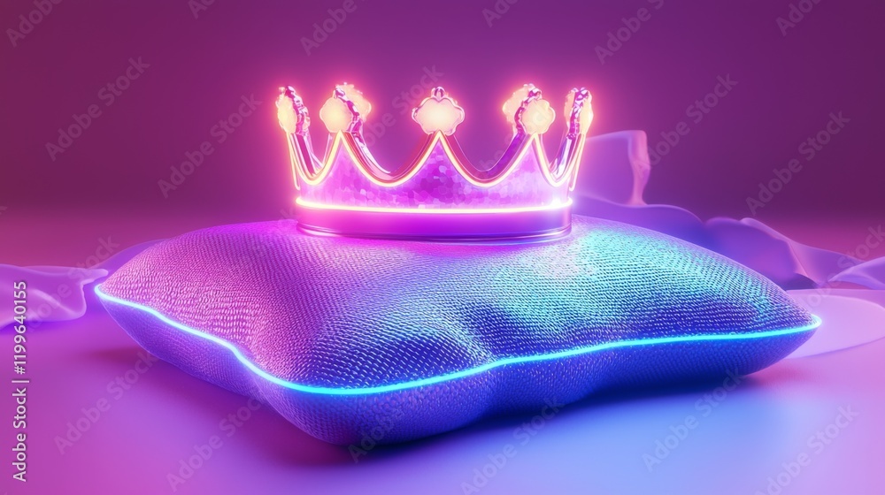 Glowing Neon Crown on Purple Pillow Royal Luxury Fantasy Concept