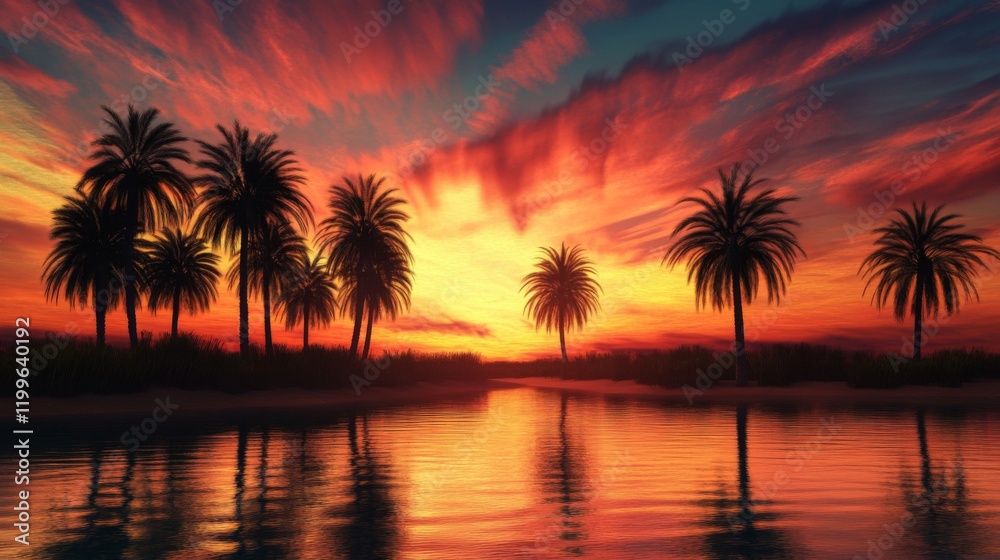 Obraz premium Silhouettes of Palm Trees at Sunset Over a Calm River