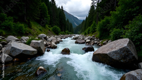 Obraz na płótnie A beautiful river, gracefully flowing through a lush forest with majestic mountains visible in the background, captures the essence of natures splendor w salonie