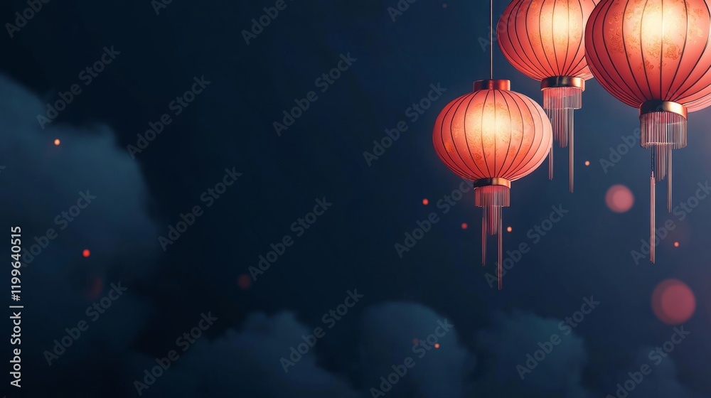 Fototapeta premium Chinese New Years, A blue background with three red lanterns hanging from the ceiling