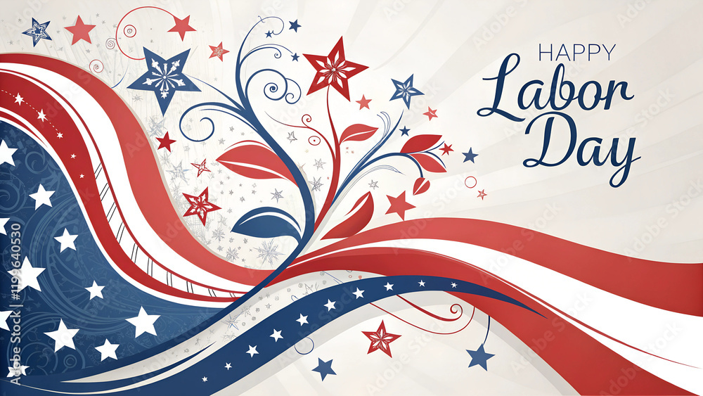 Fototapeta premium Watercolor illustration of abstract shapes, red white and blue, patriotism and Labor Day celebration