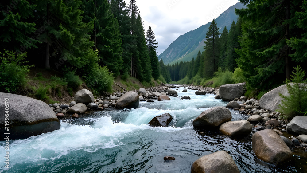 A beautiful river, gracefully flowing through a lush forest with majestic mountains visible in the background, captures the essence of natures splendor