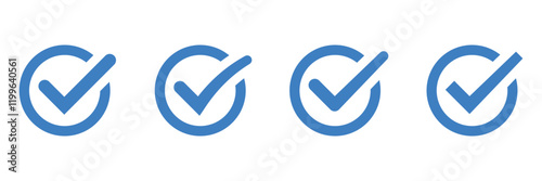 Valid Seal icon. Blue tick in blue circle. Flat OK sticker icon. Isolated on white. Accept button. Good for web and software interfaces. Vector illustration. EPS 10 photo