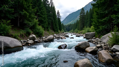 Obraz na płótnie A beautiful river, gracefully flowing through a lush forest with majestic mountains visible in the background, captures the essence of natures splendor w salonie