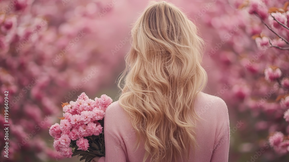 Fototapeta premium A serene image of a woman with wavy blonde hair holding cherry blossoms, symbolizing spring and natural beauty. Perfect for lifestyle and seasonal-themed campaigns.