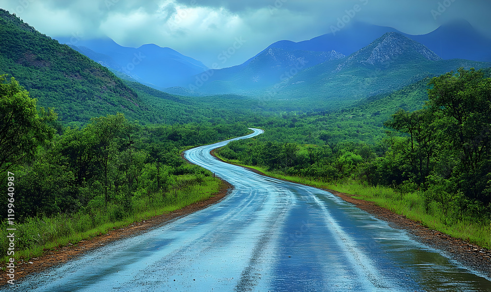 Winding road, mountain range, rain, travel, adventure Winding road, mountain range, rain, travel, adventure