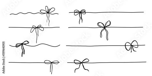 Ribbon bow gift box thread ribbon bow tie knot packaging hand drawn sketch doodle elements. Minimalistic graphic collection isolated on white background.