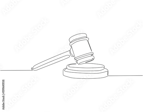 Continuous one line drawing of judge's gavel. One line drawing illustration of judge's hammer on the block. Lawyer, justice, court concept single line. Editable outline