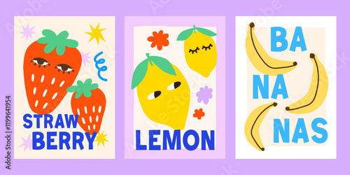 Summer fruits characters vector posters design set. Bright playful healthy exotic abstract prints with strawberry, lemon, bananas