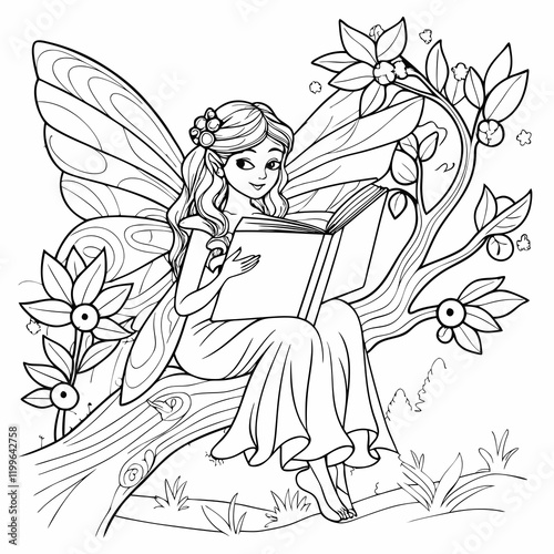 A fairy sitting on a tree branch, reading an oversized book with glowing pages, while fireflies hover around her