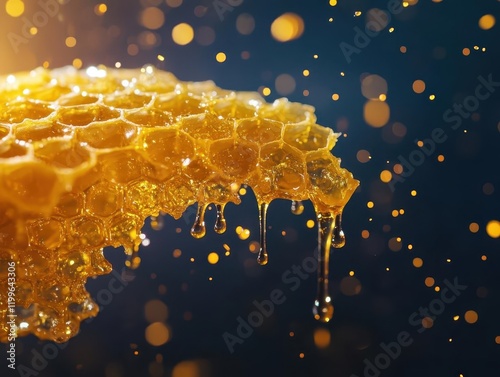 golden honeycomb dripping with fresh honey, crystalline amber droplets falling in slow motion against a deep blue background with dramatic side lighting photo