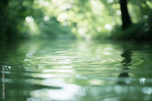 Hintergrundbild mit ringförmige Wasserwellen auf einem Wasser vor unscharfen dicht bewachsenem grünen Ufer