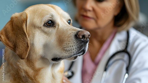 Close up of a veterinarian wearing a lab coat listening to a dog s heartbeat with a stethoscope during a routine checkup or medical examination in a veterinary clinic photo