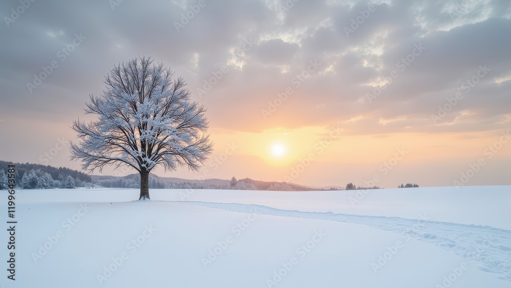 A serene, snow-covered field embraces a leafless tree under a sunset sky, casting golden hues over the winter landscape. Snow blankets everything in sight, with soft light stretching across the horizo A serene, snow-covered field embraces a leafless tree under a sunset sky, casting golden hues over the winter landscape. Snow blankets everything in sight, with soft light stretching across the horizo