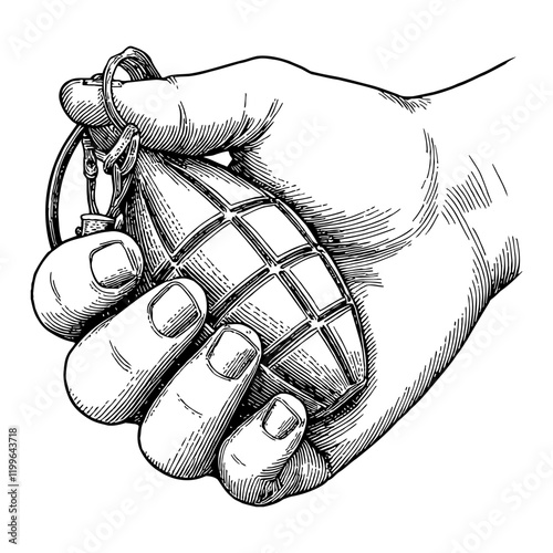 Hand Holding Grenade in Detailed Black and White Outline Line Art Drawing of Military Weapon