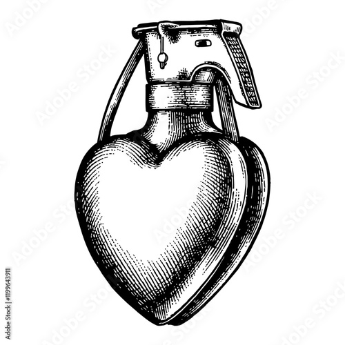 Heart Shaped Grenade Detailed Black and White Outline Line Art Drawing with Vintage Style
