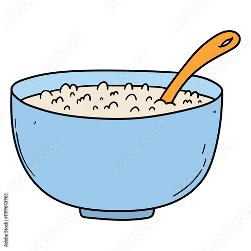 Hand drawn cartoon blue bowl of oatmeal porridge with orange spoon on white background.