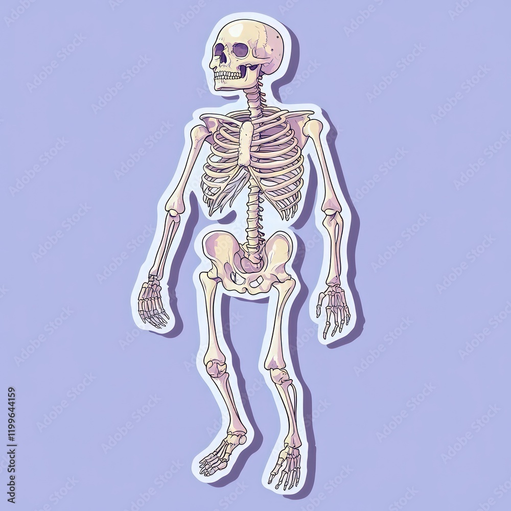 Cartoon human skeleton, sticker style, purple background. Cartoon human skeleton, sticker style, purple background.