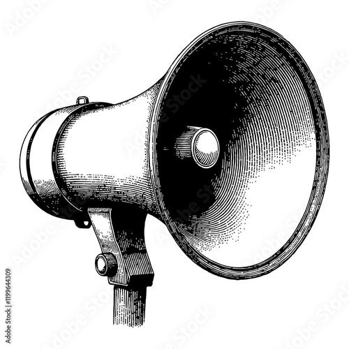 Loudspeaker Megaphone Black and White Outline Line Art Drawing with Detailed Engraving Style