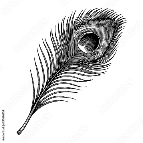 Peacock Feather Detailed Black and White Outline Line Art Drawing Isolated on White Background
