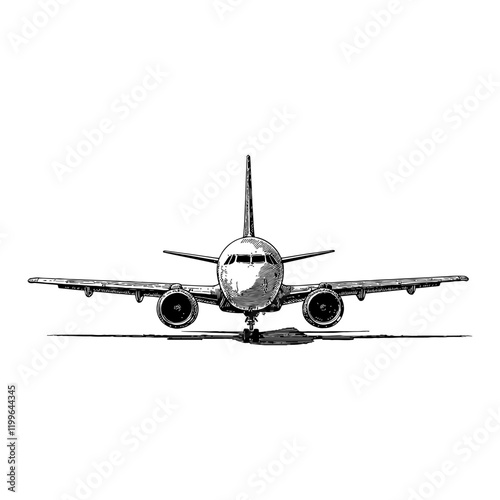 Front View of Passenger Airliner Plane Detailed Black and White Outline Line Art Drawing