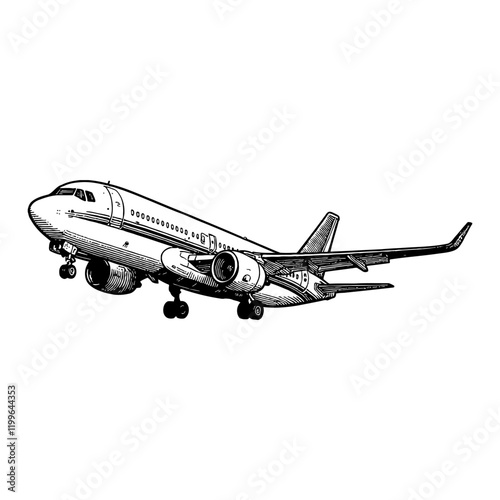 Passenger Airliner Side View Detailed Black and White Outline Line Art Drawing Jet Airplane