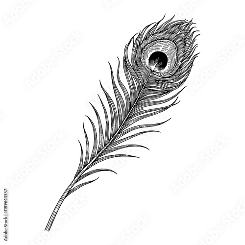 Detailed Peacock Feather with Black and White Outline Line Art Drawing Vector Illustration