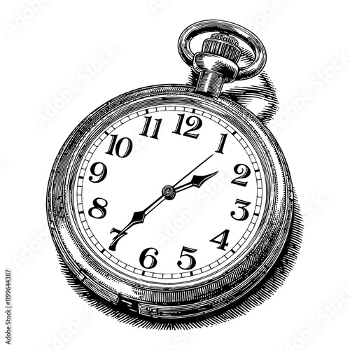 Pocket Watch Detailed Close Up in Black and White Outline Line Art Drawing Engrave Style